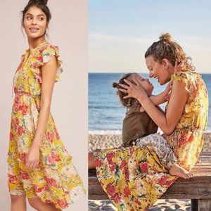 Anthropologie 100% Silk Ellory Floral Ruffle Midi Dress Tiered Tie Wedding Guest